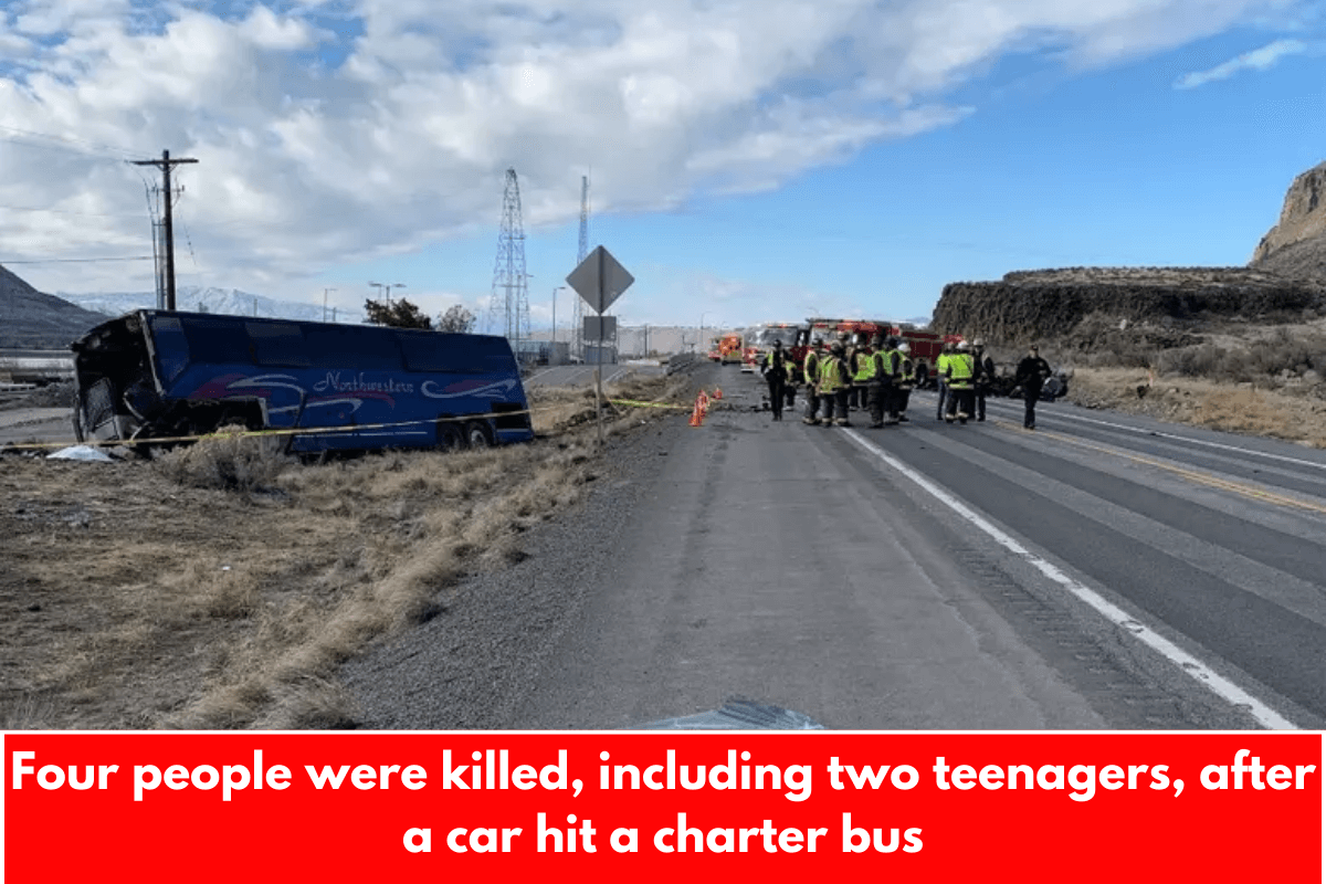 Four people were killed, including two teenagers, after a car hit a charter bus