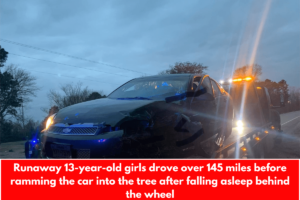 Runaway 13-year-old girls drove over 145 miles before ramming the car into the tree after falling asleep behind the wheel