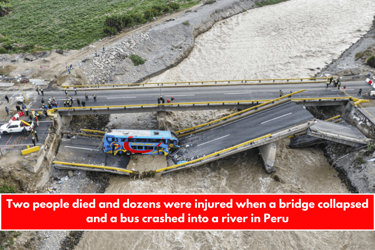 Two people died and dozens were injured when a bridge collapsed and a bus crashed into a river in Peru