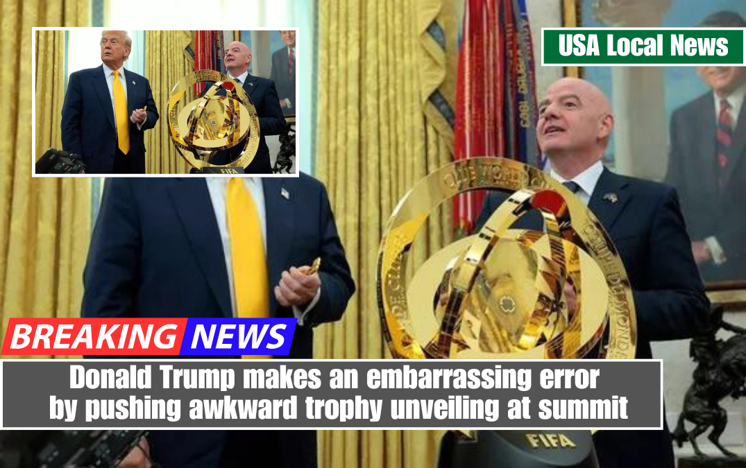 Donald Trump makes an embarrassing error by pushing awkward trophy unveiling at summit