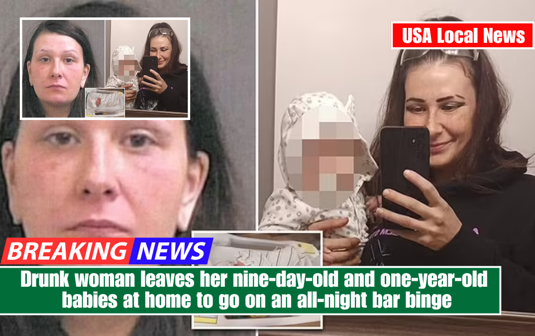 Drunk woman leaves her nine-day-old and one-year-old babies at home to go on an all-night bar binge